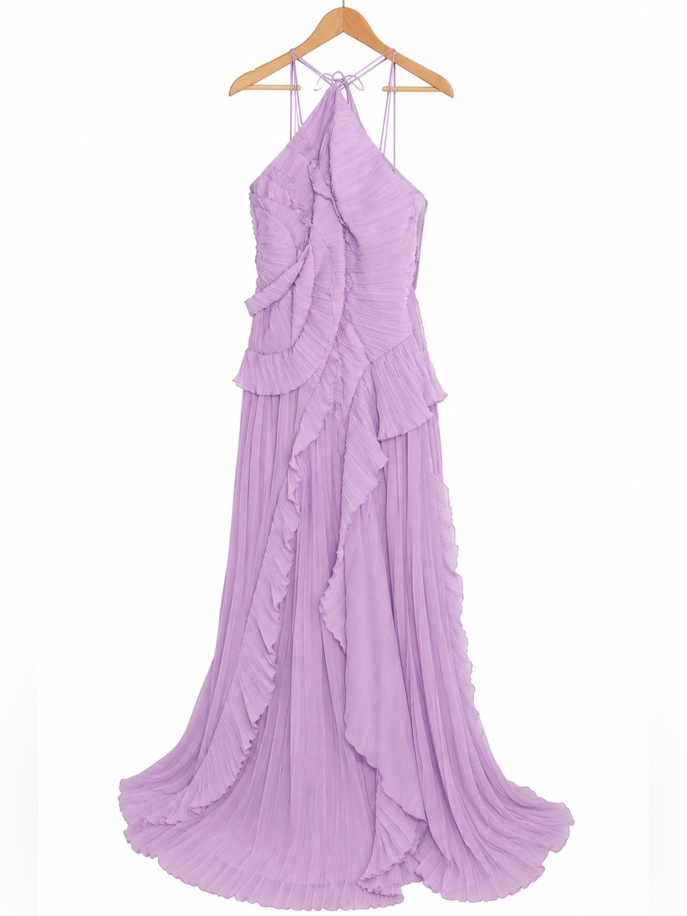 Lilac Pleated Halter Maxi Dress with Ruffle Details